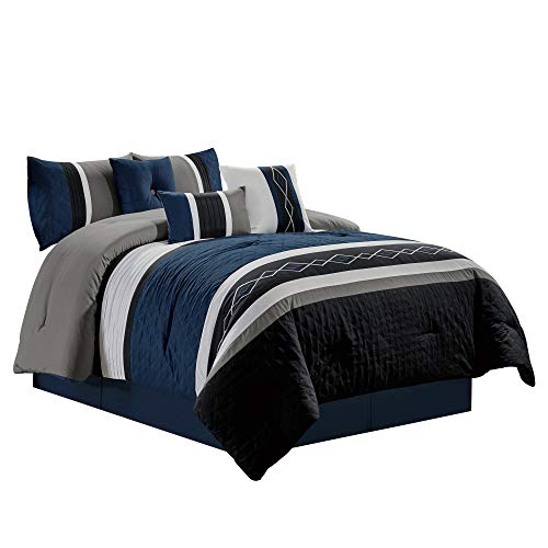 Chezmoi Collection 7-Piece Pleated Stripe Embroidered Diamond Scroll Comforter Set (Queen, Blue)