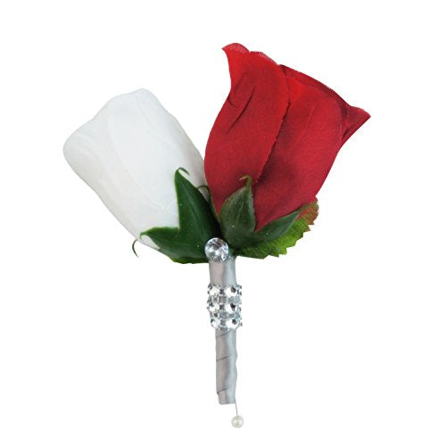 Boutonniere-red and White Artificial Rose Bud with Gray Ribbon Bling Stem