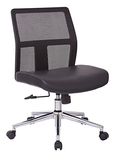 Office Star Mesh Back and Bonded Leather Seat, Aluminum Accent Armless Mid Back Hospitality Chair, Black
