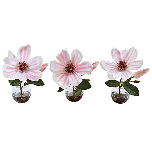 Nearly Natural Magnolia Silk Arrangement in Votive Glass Vases, Pink/White, 3 Piece