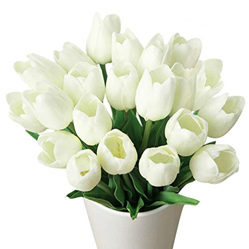 Meide Group USA 19 Large Single Stem Real Touch Latex Artificial Tulip Flowers for Spring Arrangements, Bouquets, and centerpieces (6 PCS) (Milky White)