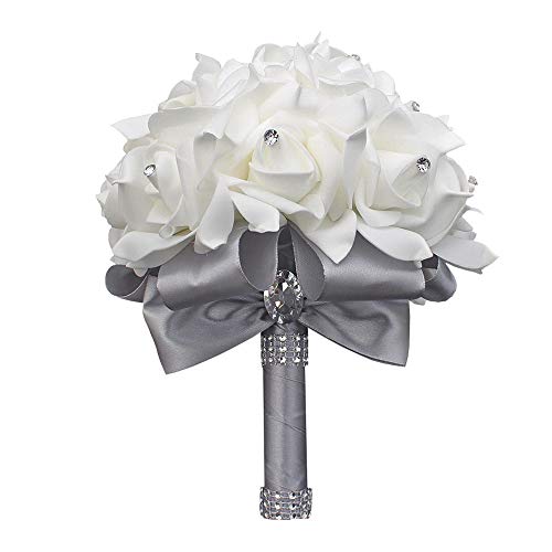 Flonding Wedding Bouquet Handmade PE Bouquets for Bride Bridesmaids with Soft Ribbons Artificial Rose Bridal Holding Flowers for Wedding Party Church (Silver Gray, Pack of 2)