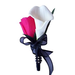 Boutonniere - Hot Pink Rose with White Calla Lily Boutonniere Balck Ribbon with Pin for Prom, Party, Wedding