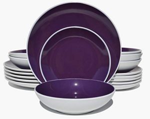 HomeVss Two-tone 18 Piece Stoneware Dinner Set, Outside Semi Matte White + Inside Shiny Purple