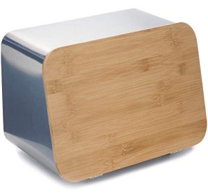 ALhom Bread Box with Bamboo Cutting Board Lid & Bread Rack, Stainless Steel, 14.5x9x9 inches