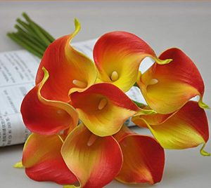 Floral Kingdom USA 14 Real Touch Latex Calla Lily Bunch Artificial Spring Flowers for Home Decor, Wedding Bouquets, and centerpieces (Pack of 10) (Yellow-Orange)