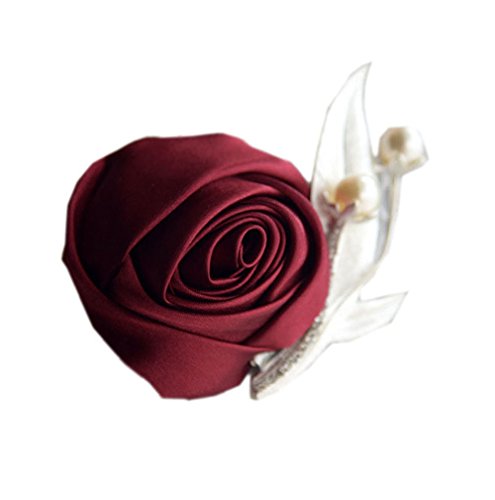 MOJUN Groom Groomsmen Brooch Satin Rose Boutonniere for Prom Party Wedding, Pack of 6, Burgundy