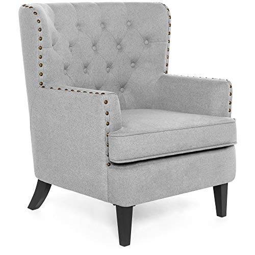 Best Choice Products Modern Tufted Wingback Accent Chair Living Room Furniture Decoration for Home, Office w/Nailhead Trim, Espresso-Finished Wood Legs - Gray