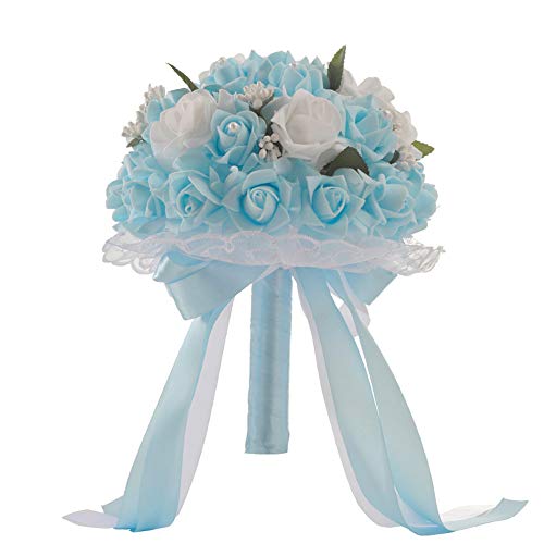 SIUONI Elegant Bride Holding Bouquet Romantic Rose Pearl Crystal Wedding Bride/Bridesmaid Bouquet Satin Flower(Light Blue)