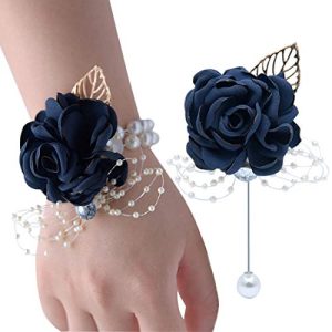 VEIDO Wrist Corsage Rose Flower Brooch for Wedding Party Prom Wristband Flower Set (Navy)