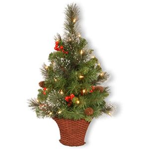 National Tree 3 Foot Crestwood Spruce Half Tree with Silver Bristle, Cones, Red Berries and 50 Battery Operated Warm White LED Lights in Basket (CW7-306-3HT-B)