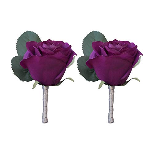 DALAMODA Purple Rose Boutonniere 2Pcs Groom Boutonniere Buttonholes Groomsman Silk Artificial Rose Wedding Flowers Brooch Pin Accessories Prom Suit Decoration (Pack of 2)