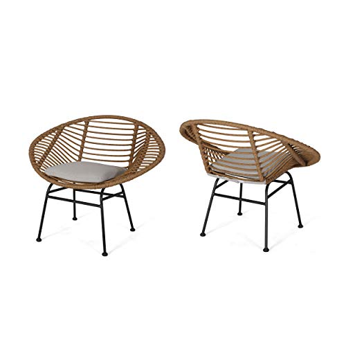 Great Deal Furniture 309287 Aleah Indoor Woven Faux Rattan Chairs with Cushions (Set of 2), Light Brown and Beige Finish,