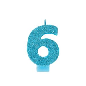amscan Birthday Celebration, Numeral #6 Glitter Candle, Party Supplies, Caribbean Blue, 3 1/4