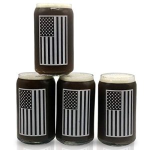 Beer Glass Can Shaped Drinking Glasses Set Of 4 Libby 209 16oz USA American Flag Cool Birthday Present or Gift for Dad, Veterans Day, Kitchen, Home Bar, 4th of July!