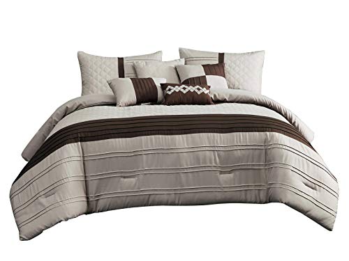 HGS 7-Piece Zen Comforter Set Bedding|Embossed Diamond Square Pintuck Stripe|Taupe Brown|Queen Size