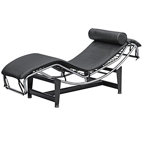 Le Corbusier LC-4 Style Replica Chaise Lounge Chair Mid Century Modern Classic with Premium PU Black Leather and Stainless Steel Frame