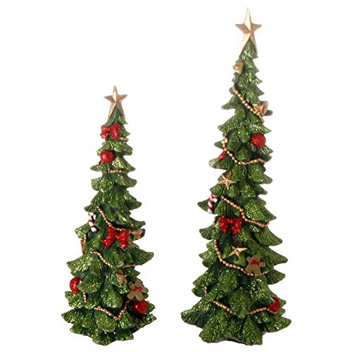 Decorated Christmas Tree Figurines in Glittered Green, Red and Gold -12 Inches and 9 inches high