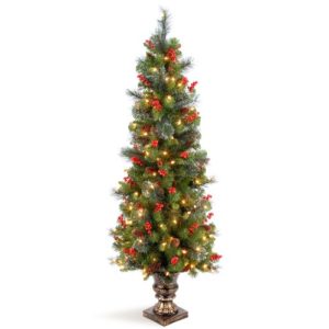 National Tree 5 Foot Crestwood Spruce Entrance Tree with Silver Bristles, Cones, Red Berries and 150 Clear Lights in Decorative Urn (CW7-306-50)