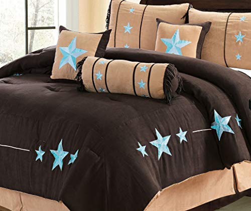7 Piece Luxury Suede Western Lodge Oversize and Overfilled Star Comforter Set (Coffee/Blue, Queen)