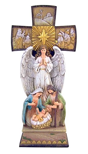 Standing Nativity Cross with Angel and Holy Family Resin Christmas Figurine, 14 Inch