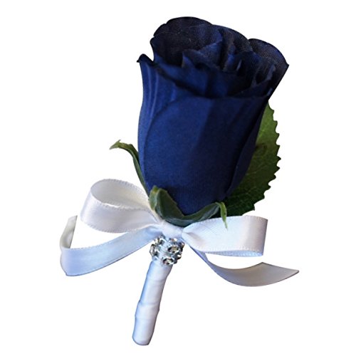 Boutonniere - Artificial Navy Blue Rosebud with White Ribbon. Pin Included.
