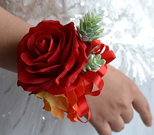 Abbie Home Red Rose Wrist Corsage for Prom Wedding Party Phalaenopsis Flower Wristbands Hand Flower