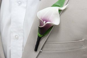 Boutonniere-Real Touch Picasso Plum hand-made keepsake boutonniere Pearl Headed Pin included (Black Ribbon wrapped stem)