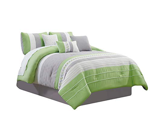 HGS 7-Pc Knoton Embossed Geometric Cube Lines Embroidery Pleated Comforter Set Lime Green Gray Off-White Queen