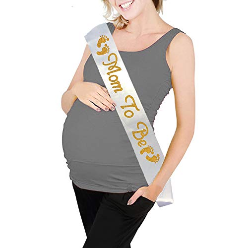 Blingbling Mom to be Sash, White Satin with Gold Gitter Font with Baby Foot, Best Baby Shower Decorations Gifts, Baby Boy Or Girl Neutral
