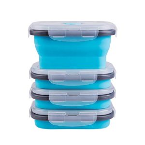 Collapsible Food Storage Containers with Airtight Lid and Vent Valve, Stacking Silicone Collapsible Storage Containers for Food, Microwave & Freezer & Dishwasher Safe, Blue, Small, Set of 4