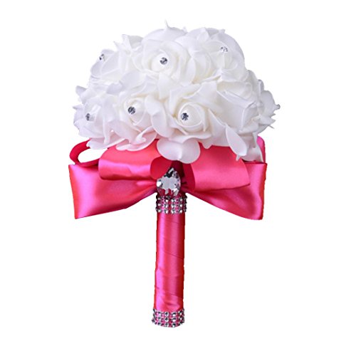 Wedding Bouquet, WensLTD Crystal Roses Pearl Bridesmaid Wedding Bouquet Bridal Artificial Silk Flowers (Hot Pink)