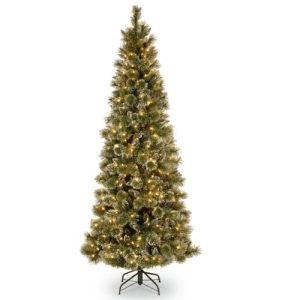 National Tree 7.5 Foot Glittery Bristle Pine Slim Tree with White Tipped Cones and 500 Clear Lights, Hinged (GB3-304-75)