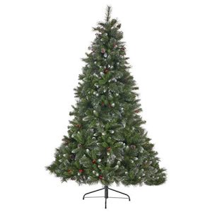 9-foot Mixed Spruce Unlit Hinged Artificial Christmas Tree with Glitter Branches, Red Berries, and Pinecones