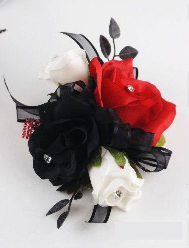 Angel Isabella Wrist Corsage - Black, White and Red Roses