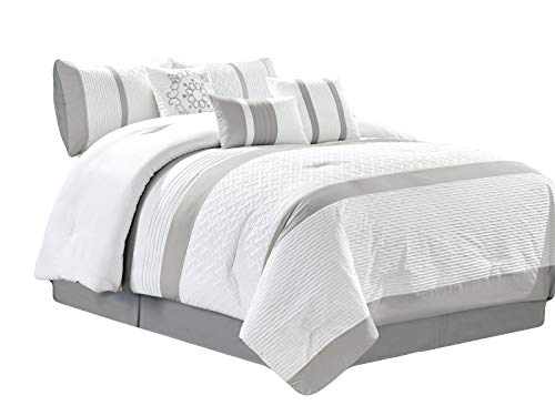 HGS 11-Pc Colette Floral Scroll Embossed Weaves Pintuck Pleats Comforter Curtain Set White Gray Queen