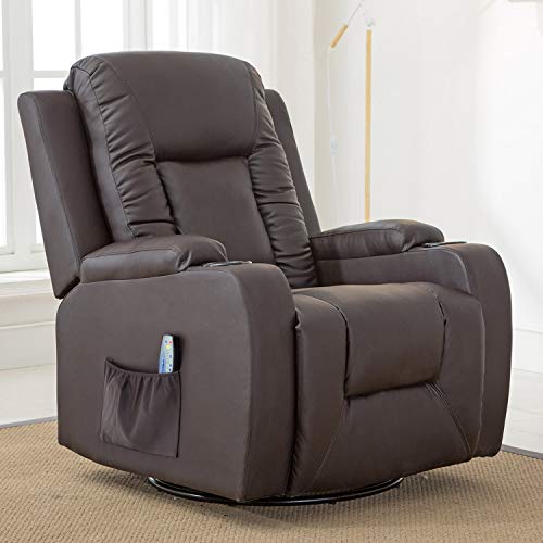 ComHoma Leather Recliner Chair Modern Rocker with Heated Massage Ergonomic Lounge 360 Degree Swivel Single Sofa Seat with Drink Holders Living Room Chair Brown