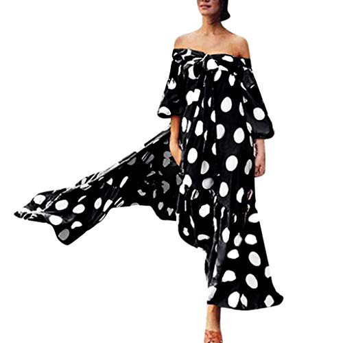 Polka Dot Print Dress for Women Plus Size Loose Flowy Off Shoulder Lace-up Bow Ruffle Long Dresses