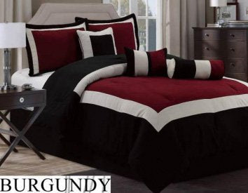 7 Pc Modern Hampton Comforter Set Black / Burgundy Red BED in a BAG - King Size Bedding