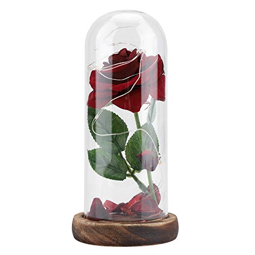 GLOGLOW Silk Rose Glass Dome,Preserved Beast Flower LED Light Enchanted with Wooden Base Valentine's Day Birthday Wedding(Red)
