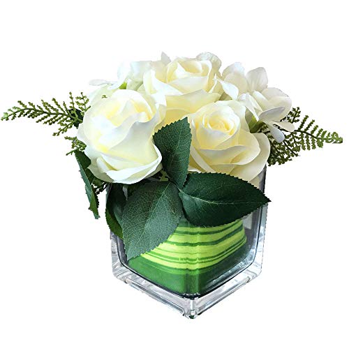 Fule Artificial Silk Rose Flower Centerpiece Arrangement in vase for Home Wedding Decoration (Creamy White)