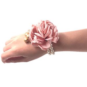 Abbie Home Classic Wrist Corsage for Prom Party Wedding Ball Event Silk Flower Pearl Bracelet (Corsage, Dusty Pink)