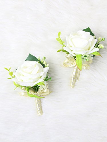Secret Garden Luxury Roses Boutonniere Pins for Wedding prom party (2pcs) (Ivory Gold theme)