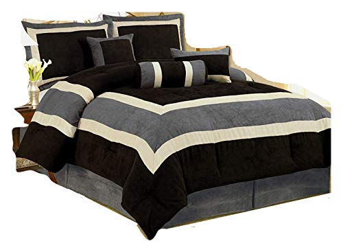 High Quality Micro Suede Queen Comforter Set Bedding-in-a-bag, Black Grey - Queen