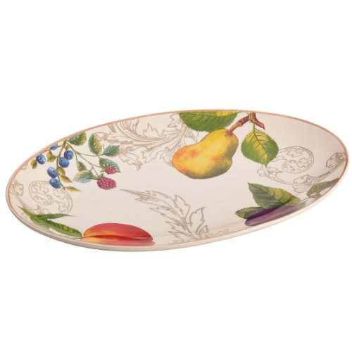 BonJour Dinnerware Orchard Harvest Stoneware 8.75-Inch by 13-Inch Oval Platter, Print