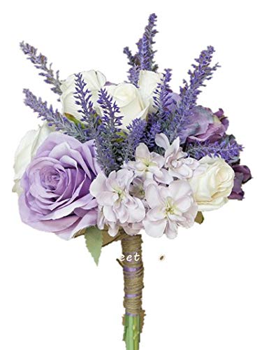 Sweet Home Deco Silk Mixed Floral Rustic Wedding Bouquet in Lavender Purple Ivory Bridal Bouquet Bridesmaid Bouquet Boutonniere (8''W Lavender Bouquet)
