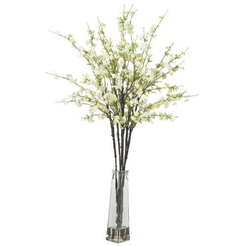Nearly Natural 1193-WH Cherry Blossoms with Vase Silk Flower Arrangement White