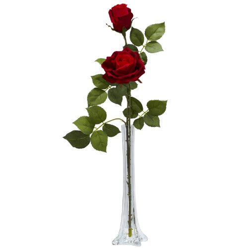 Nearly Natural 1283 Roses with Tall Bud Vase Silk Flower Arrangement, Red