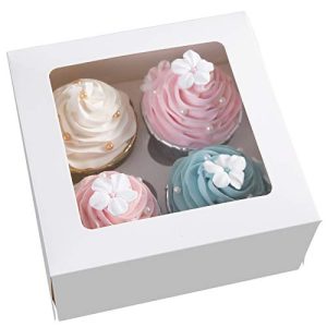 [15pcs]White Paper Cupcake Boxes,Valentines Day Cookie Gift Boxes with Clear Window, Auto-Popup Cupcake Containers Carriers Bakery Cake Box with Insert 4 Cavity (White,15)