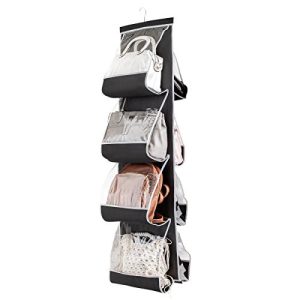 ZOBER Hanging Purse Organizer for Closet Clear Handbag Organizer for Purses, Handbags Etc. 8 Easy Access Clear Vinyl Pockets with 360 Degree Swivel Hook, Black, 48 L x 13.8 W